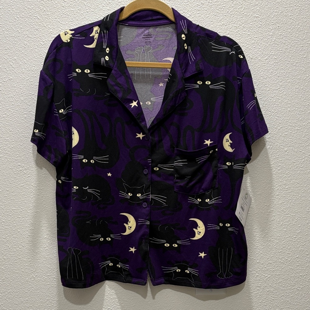 Purple Cat Print Button Down Shirt